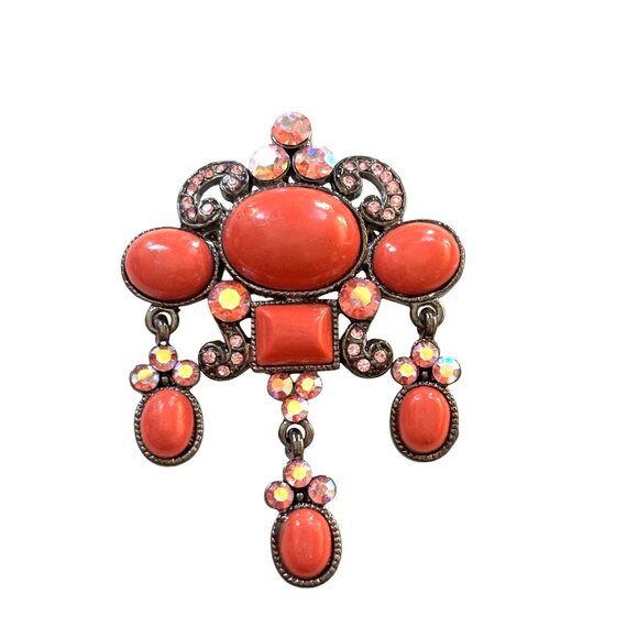 Vintage Rhinestone & Coral Cabochon Brooch Pin With Dangling Accents - Picture 1 of 7